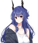 1girl :o arknights bare_shoulders blue_hair breasts ch&#039;en_(arknights) collarbone commentary dragon_horns grey_jacket hair_between_eyes horns jacket lily0428 long_hair looking_at_viewer medium_breasts off_shoulder open_clothes open_jacket parted_lips red_eyes simple_background solo tank_top upper_body white_background white_tank_top 