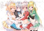  4girls :d ;d anto_mel apron aria_(koiiroharemoyou) black_gloves black_thighhighs blonde_hair blue_skirt breasts cleavage commentary_request detached_sleeves elbow_gloves frilled_apron frilled_skirt frills garter_straps gloves green_hair green_necktie green_skirt grey_hair hair_ornament half_gloves heart heart_background highres kimitsu_tenka kohane_kuo large_breasts long_hair long_sleeves maid_dolce medium_breasts multicolored_hair multiple_girls navel necktie one_eye_closed open_mouth pleated_skirt puffy_short_sleeves puffy_sleeves purple_eyes red_eyes red_skirt revision short_sleeves shrug_(clothing) sidelocks skirt sleeves_past_wrists smile streaked_hair suito_mion thighhighs translation_request two-tone_hair very_long_hair virtual_youtuber waist_apron white_apron white_background white_sleeves white_thighhighs x_hair_ornament yellow_eyes yellow_skirt 