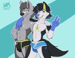 absurd_res brown_eyes bulge canid canine canis clothing colored digital_media_(artwork) duo feral hi_res male male/male mammal signature sketch tail underwear whippedmint widescreen wolf yellow_eyes