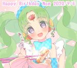  1girl :d bare_shoulders blue_bow bow character_name chopsticks colored_eyelashes falulu falulu_(awakened) food food_request forehead_jewel green_hair grey_eyes happy_birthday headphones highres holding holding_chopsticks hyakumangoku_masurao incoming_food long_hair looking_at_viewer maid_headdress open_mouth parted_bangs pretty_series pripara sidelocks smile solo summer_maid_coord translation_request twintails upper_body 
