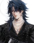  1boy black_hair black_shirt blade_(honkai:_star_rail) collared_shirt earrings hair_between_eyes hair_over_one_eye highres honkai:_star_rail honkai_(series) jewelry long_hair looking_at_viewer messy_hair necklace parted_lips pearl_necklace red_eyes saturn_(planet) shirt strap tiredceles white_background 