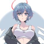  1girl arknights bare_shoulders blue_eyes blue_hair breasts chomo_o12 collarbone commentary_request crop_top detached_wings grey_jacket halo highres jacket looking_at_viewer medium_breasts off_shoulder open_clothes open_jacket parted_lips solo spuria_(arknights) upper_body white_wings wings 