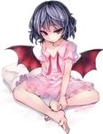  bangs barefoot bat_wings blue_hair collarbone commentary_request full_body looking_at_viewer off_shoulder pillow pink_skirt red_eyes remilia_scarlet short_hair short_sleeves simple_background sitting skirt solo touhou tousen twitter_username white_background wings 