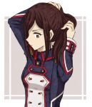  1girl arms_behind_head arms_up asozan_(cocomil) black_jacket breasts brown_eyes brown_hair closed_mouth grey_background jacket long_hair long_sleeves morag_ladair_(xenoblade) profile small_breasts solo two-tone_background upper_body white_background xenoblade_chronicles_(series) xenoblade_chronicles_2 