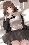  1girl amagami bed_sheet black_bow black_bowtie black_bra black_jacket black_sailor_collar blazer bow bowtie bra bra_visible_through_clothes breasts brown_eyes brown_hair closed_mouth collared_shirt from_above grey_skirt gyuunyuu_pack_(tanaka) highres indoors jacket kibito_high_school_uniform long_sleeves looking_at_viewer lying medium_breasts medium_hair off_shoulder on_back on_bed open_clothes open_jacket pillow pleated_skirt sailor_collar school_uniform see-through see-through_shirt shirt skirt tanaka_keiko_(amagami) underwear white_shirt 