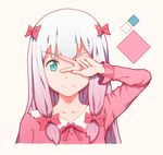  blue_eyes bow color_guide eromanga_sensei gradient_hair hair_bow highres izumi_sagiri long_hair looking_at_viewer multicolored_hair pajamas pink_bow pink_hair pink_pajamas silver_hair smile solo upper_body v v_over_eye yang_zheng_yu 