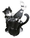  1boy animal_ears blue_lock cameltoe cat_boy cat_ears cat_tail fingerless_gloves full_body gloves greyscale haiiro_(frabilovelove) highres holding_own_leg isagi_yoichi jacket leggings legs_up looking_at_viewer male_focus male_futanari monochrome open_mouth otoko_no_ko shiny_clothes short_hair soles solo tail thigh_strap tight_clothes toes white_background 