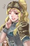  2girls armor armored_dress blonde_hair blush braid breasts chin_strap clair_(fire_emblem) effie_(fire_emblem) fire_emblem fire_emblem_echoes:_mou_hitori_no_eiyuuou grey_background hair_ribbon hand_to_own_mouth helm helmet highres laughing long_hair looking_at_viewer medium_breasts multiple_girls one_eye_closed open_mouth pauldrons ponytail ribbon shaded_face short_sleeves smile solo_focus traditional_media tress_ribbon twin_braids upper_body wrist_cuffs yasaidon yellow_eyes 