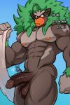 anthro balls big_muscles big_penis bodily_fluids dialogue erection front_view fur generation_4_pokemon generation_8_pokemon genitals green_hair grey_body grey_fur hair hi_res humanoid_genitalia humanoid_penis lucario male mammal muscular nintendo nude pecs penis pokemon pokemon_(species) primate rillaboom solo sweat sweatdrop sweatysabel