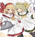  2girls ascot blonde_hair chef_hat cowboy_shot flandre_scarlet flat_chest green_eyes green_hair hat hat_ribbon highres komeiji_koishi medium_hair multiple_girls one_eye_closed open_mouth red_eyes red_ribbon ribbon side_ponytail sorani_(kaeru0768) tongue tongue_out touhou whisk yellow_ascot yellow_ribbon 