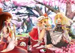  6+girls absurdres alcohol apron blonde_hair braid cherry_blossoms closed_mouth crystal_wings dango dress eating flandre_scarlet food full_body hakurei_reimu hat highres izayoi_sakuya kirisame_marisa konpaku_youmu maid_apron medium_hair mob_cap multiple_girls picnic red_dress red_eyes remilia_scarlet semisigule short_hair sitting touhou umbrella wagashi wine yellow_eyes 