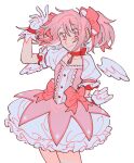  1girl absurdres arm_up bow choker collarbone commentary detached_wings dress dress_bow english_commentary frilled_dress frills gloves goomyloid hair_bow highres kaname_madoka looking_at_viewer magical_girl mahou_shoujo_madoka_magica mahou_shoujo_madoka_magica_(anime) pink_bow pink_eyes pink_hair puffy_short_sleeves puffy_sleeves red_choker short_sleeves simple_background smile solo soul_gem standing twintails white_background white_gloves wings 