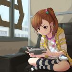  1girl blush brown_eyes brown_hair closed_mouth commentary couch day full_body futami_mami handheld_game_console highres holding holding_handheld_game_console hood hood_down hooded_jacket idolmaster idolmaster_(classic) indian_style indoors jacket kneehighs light_rays looking_down mappy_(minogue) medium_hair no_shoes on_couch open_clothes open_jacket playing_games playstation_vita print_shirt shirt side_ponytail sitting socks solo star_(symbol) star_print striped_clothes striped_socks sunbeam sunlight v-shaped_eyebrows white_shirt window 