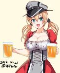  1girl 846-gou alcohol aqua_eyes beer beer_mug blonde_hair breasts cleavage cleavage_cutout clothing_cutout cowboy_shot cup dirndl german_clothes grey_hat hair_ornament hat kantai_collection large_breasts looking_at_viewer low_twintails military_hat mug open_mouth peaked_cap prinz_eugen_(kancolle) simple_background smile solo tongue tongue_out twintails 