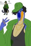 2024 5_fingers absurd_res anthro baseball_cap black_hair black_sclera blue_body blue_scales breasts cavemanon_studios cleavage clothed clothing crossgender digital_drawing_(artwork) digital_media_(artwork) dinosaur dizzy_(dizzy_weas) eyelashes fan_character female fingers green_eyes hair hat headgear headwear hi_res jacket jewelry looking_at_viewer male megalosaurid megalosaurus mtf_crossgender necklace nuar_come_mundos peace_symbol reptile ring_(jewelry) scales scalie sharp_teeth shirt short_hair simple_background smile snoot_game snout solo tan_body tan_scales tank_top teeth theropod topwear white_background yellow_body yellow_scales