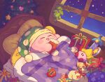  bed blanket blush_stickers bow box christmas christmas_ornaments christmas_tree closed_eyes colored_skin commentary_request drooling gift gift_box harukui hat indoors kirby kirby_(series) leaf maxim_tomato night open_mouth pillow pink_skin plant pom_pom_(clothes) saliva shooting_star sleeping solo star_(sky) star_(symbol) toy_sword under_covers window 