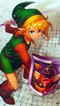  1boy blonde_hair blue_eyes boots brown_footwear brown_shirt fighting_stance gogoheaven_welcomehell green_tunic hat highres holding holding_shield holding_sword holding_weapon light_particles link looking_at_viewer male_focus pointy_ears shield shirt solo sword the_legend_of_zelda the_legend_of_zelda:_a_link_to_the_past weapon 