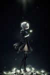  artist_name black_dress black_legwear blindfold boots dark_background dress feather-trimmed_sleeves flower hairband high_heel_boots high_heels legs lisa_buijteweg lunar_tear nier_(series) nier_automata side_slit silver_hair solo thigh_boots thighhighs thighs yorha_no._2_type_b 