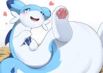 absurd_res ahegao ambiguous_gender blue_body blue_fur blush chillet featureless_crotch feral flong fur heart_symbol hi_res looking_pleasured open_mouth pal_(species) palworld pawpads paws pocketpair simple_background solo tailbutt white_body white_fur