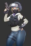  1girl balaclava black_background black_gloves blonde_hair blue_eyes blue_pants bulletproof_vest denim fingerless_gloves gloves gun h&amp;k_usp handgun helmet highres holding holding_gun holding_weapon iq_(rainbow_six_siege) jacket long_sleeves looking_at_viewer nisetanaka pants police police_uniform policewoman rainbow_six_siege solo trigger_discipline uniform weapon white_jacket 