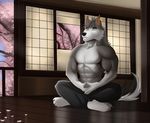  2017 abs anthro canine clothed clothing ear_piercing eyes_closed fur male mammal marsel-defender muscular piercing solo topless wolf 