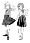  2girls antenna_hair bow bowtie dithering floating_hair full_body greyscale highres inushima_(k_z_i_t_) loafers long_hair looking_to_the_side mary_janes monochrome multiple_girls original pleated_skirt shirt shoes short_hair simple_background skirt socks standing three_quarter_view 