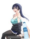  1girl bare_shoulders black_jacket black_pantyhose blue_hair blue_shirt blue_shorts blush boku_no_kokoro_no_yabai_yatsu bottle breasts brown_eyes cleavage collarbone dark_blue_hair highres holding holding_bottle jacket large_breasts long_hair looking_at_viewer off_shoulder olive_(olivisabell) open_mouth pantyhose ponytail pov pov_hands shirt shorts simple_background sitting solo_focus strap_slip t-shirt white_background yamada_anna 