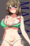  :/ ar_(lover_boy) bare_arms bare_shoulders blush breasts brown_hair bursting_breasts choker cleavage closed_mouth collarbone commentary_request cowboy_shot crop_top crop_top_overhang hair_ornament hat highres kantai_collection large_breasts looking_at_viewer maya_(kantai_collection) mini_hat navel nose_blush panties purple_eyes remodel_(kantai_collection) side-tie_panties solo stomach underboob underwear white_panties x_hair_ornament 