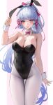  1girl absurdres alternate_costume animal_ears bare_shoulders blue_hair blush breasts cleavage closed_mouth cowboy_shot fake_animal_ears genshin_impact hair_ornament highleg highleg_leotard highres kamisato_ayaka large_breasts leotard leviathan_(hikinito0902) long_hair looking_at_viewer pantyhose parted_lips playboy_bunny ponytail rabbit_ears smile solo strapless strapless_leotard thigh_gap thighs very_long_hair white_pantyhose wrist_cuffs 