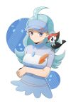  1girl absurdres ahoge arm_under_breasts blue_eyes blue_hair blue_hat breasts buttons collared_shirt cropped_torso flipped_hair highres kahili_(pokemon) light_blue_hair long_hair medium_breasts mole mole_under_eye on_shoulder pikipek pokemon pokemon_(creature) pokemon_on_shoulder pokemon_sm shirt short_sleeves solo_focus striped_clothes striped_shirt unknown-amelia visor_cap woodpecker 