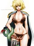  1girl aliasing blonde_hair blunt_bangs bra brown_bra cape deviantart_username english_commentary epaulettes hand_on_own_hip looking_at_viewer lowres marguerite_(one_piece) navel neckerchief one_piece opirou red_neckerchief short_hair simple_background single_thighhigh smile snake striped_clothes striped_thighhighs thighhighs underwear vertical-striped_clothes vertical-striped_thighhighs white_cape 