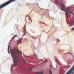  1girl ascot blonde_hair crystal_wings flandre_scarlet from_above hat mob_cap open_mouth pointy_ears reaching reaching_towards_viewer red_eyes red_ribbon ribbon simple_background solo sorani_(kaeru0768) touhou white_background yellow_ascot 