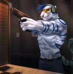  2017 abs anthro clothed clothing eyewear feline fur glasses gun male mammal marsel-defender muscular pants ranged_weapon solo tiger topless weapon 