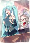  2girls aqua_hair aqua_necktie black-framed_eyewear black_skirt blue_archive blue_eyes blue_halo blush breasts clonatenshi collared_shirt cosplay earpiece glasses grey_eyes grey_hair hair_over_one_eye halo hatsune_miku hatsune_miku_(cosplay) highres hiyori_(blue_archive) long_hair medium_breasts meru_(blue_archive) multiple_girls nagisa_(blue_archive) necktie open_mouth pleated_skirt red_sweater shaded_face shirt sideboob skirt sleeveless sleeveless_shirt smile sweater turtleneck turtleneck_sweater twintails vocaloid 