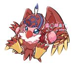  beak bird blue_eyes commentary cosplay digimon digimon_(creature) feather_hair feathers garudamon garudamon_(cosplay) highres pink_feathers piyomon solo talons translation_request twitter_username wings yagi_kiki 