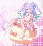  1girl blue_hair boots character_request cross-laced_footwear detached_sleeves gradient_hair green_hair highres iriam knee_boots lace-up_boots long_hair long_sleeves looking_at_viewer multicolored_hair open_mouth purple_hair ranka_(tonbo) sitting smile solo twintails virtual_youtuber white_footwear yellow_eyes 
