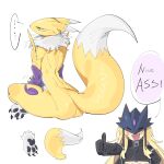  ... 1girl 1other ass beelstarmon black_coat black_sclera blonde_hair blue_eyes blush_stickers breasts chibi closed_eyes coat colored_sclera digimon digimon_(creature) english_text eye_mask fangs fox from_behind full_body furry highres kitsune long_hair open_mouth renamon simple_background speech_bubble third_eye thumbs_up underboob white_background yellow_fur yellow_tail zocehuy 