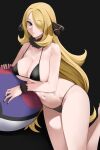  1girl ball bare_shoulders bikini black_bikini blonde_hair blue_eyes blush breasts cleavage closed_mouth collarbone covered_nipples cowboy_shot cynthia_(pokemon) eyelashes groin hair_ornament hair_over_one_eye highres large_breasts long_hair looking_at_viewer navel noir_(4chan) parted_lips poke_ball pokemon simple_background smile solo stomach string_bikini swimsuit thighs very_long_hair 