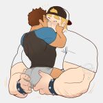  2boys =_= ass ass_grab backwards_hat bara baseball_cap blonde_hair brown_hair carrying carrying_person cheek_press couple cropped_torso dark-skinned_male dark_skin facial_hair from_side glasses goatee_stubble grabbing_another&#039;s_ass groping happy_aura hat highres huge_eyebrows huge_pectorals interracial kiss kissing_cheek male_focus mccy micro_shorts motion_lines multiple_boys muscular muscular_male original raglan_sleeves short_hair shorts sideburns_stubble size_difference sparse_arm_hair stubble yaoi 