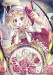  1girl :o ascot back_bow blonde_hair bow commentary_request crystal dress drill_hair feet_out_of_frame flandre_scarlet flower gears gloves grey_rose hands_up hat hat_ribbon here_(hr_rz_ggg) highres kneeling leaning_on_object long_hair looking_at_viewer mob_cap neck_ribbon open_mouth pink_flower pink_rose puffy_short_sleeves puffy_sleeves red_dress red_eyes red_ribbon ribbon rose short_sleeves side_drill solo touhou white_ascot white_gloves wings yellow_ribbon 