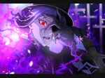  1boy black_gloves cracked_skin cross-shaped_pupils edmond_dantes_(fate) fate/grand_order fate_(series) fire gloves glowing glowing_eye grey_hair hat highres letterboxed lunarose male_focus purple_fire red_eyes signature symbol-shaped_pupils the_count_of_monte_cristo_(fate) vambraces 