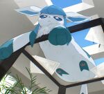  against_glass animal_ears animal_hands blue_fur closed_mouth glaceon glass_table indoors looking_at_viewer lying nagasaki_wonderful no_humans on_stomach pokemon pokemon_(creature) table tail 
