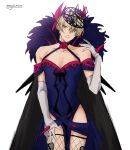  1boy alfred_(fire_emblem) blonde_hair cosplay crossdressing dress fascinator fire_emblem fire_emblem_engage fishnet_thighhighs fishnets flower_brooch gloves highres ivy_(fire_emblem) ivy_(fire_emblem)_(cosplay) merylemons off-shoulder_dress off_shoulder petals purple_dress rose_petals see-through_headwear spiked thighhighs thorn_print white_gloves yellow_eyes 