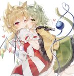  2girls animal_ears cat_ears cat_girl cat_tail crystal_wings extra_ears flandre_scarlet frills green_eyes green_hair heart highres komeiji_koishi multiple_girls one_eye_closed open_mouth pointy_ears puffy_short_sleeves puffy_sleeves ribbon short_sleeves simple_background sorani_(kaeru0768) tail touhou white_background white_ribbon wrist_cuffs 