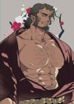  1boy abs bad_id bad_twitter_id bara bare_pectorals beard dark-skinned_male dark_skin facial_hair floral_background full_beard huge_pectorals japanese_clothes kimono looking_at_viewer mature_male medium_hair monster_boy muscular muscular_male navel nipples oni open_clothes open_kimono original pectorals pointy_ears seductive_smile small_horns smile solo sparse_chest_hair stomach textless_version thick_beard thick_eyebrows translation_request yan_(bltyann) 