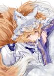  1girl animal_ears animal_hat blonde_hair blue_tabard blush commentary_request dress fox_ears fox_tail hair_between_eyes hat highres kitsune kyuubi long_sleeves looking_at_viewer mob_cap multiple_tails sarasadou_dan short_hair simple_background slit_pupils solo tabard tail touhou white_background white_dress wide_sleeves yakumo_ran yellow_eyes 