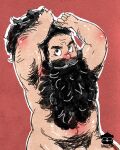  1boy arm_up armpits bara beard belly black_hair completely_nude cowboy_shot dungeon_meshi dwarf excessive_armpit_hair excessive_pubic_hair facial_hair highres long_beard male_focus nude outline penis penis_peek plump pubic_hair senshi_(dungeon_meshi) sinmhee solo thick_mustache tying_hair unfinished very_long_beard white_outline 