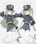  2girls black_hat black_jacket black_shorts black_skirt black_tail blue_archive blush buttons demon_tail double-breasted fang gloves green_hair green_halo halo hat highlander_sidelocks_conductor_(blue_archive) highlander_twintails_conductor_(blue_archive) highres jacket long_hair long_sleeves multiple_girls pantyhose parted_lips peaked_cap pleated_skirt pointy_ears sh_(shinh) shorts sidelocks simple_background skin_fang skirt smile tail twintails white_background white_gloves white_pantyhose yellow_eyes 