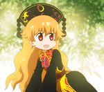  :d bangs black_dress blurry chibi chinese_clothes commentary_request crescent depth_of_field dress hat junko_(touhou) kemono_friends long_hair long_sleeves open_mouth orange_hair parody red_eyes sash shirosato smile solo style_parody tabard tatsuki_(irodori)_(style) touhou v-shaped_eyebrows wavy_hair wide_sleeves 