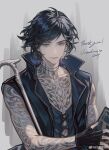  1boy absurdres arm_tattoo black_hair devil_may_cry_(series) full-body_tattoo highres holding jewelry lolvivianli male_focus necklace solo tattoo v_(devil_may_cry) 